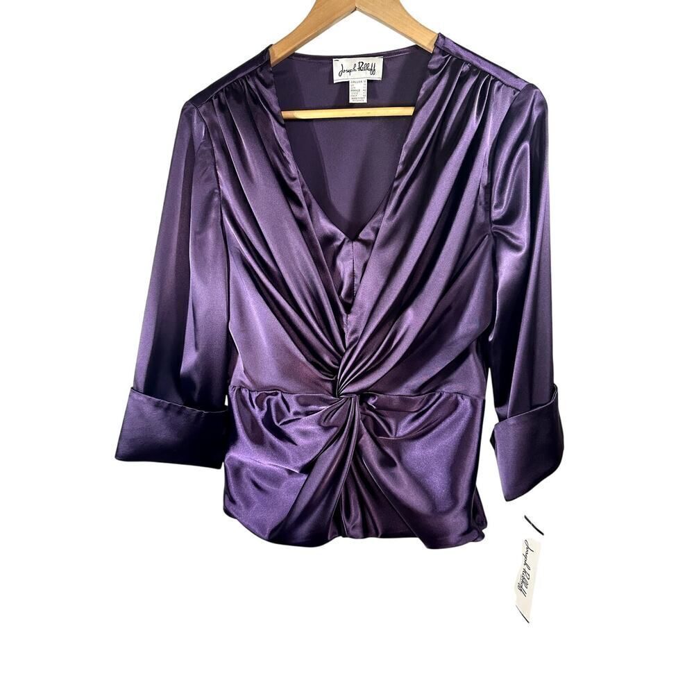 JOSEPH RIBKOFF Women's Ruched 3/4 Sleeve Satin Formal Blouse Purple Size 12 NWT